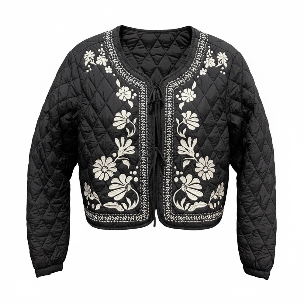 #18 Hyfve Quilted Jacket PTP: 24" Sz. M Black Floral Embroidered Tie Front Crop